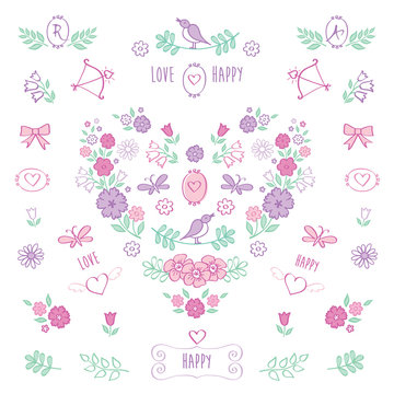 The set of hand drawn decorative floral elements for Valentine's Day, mother's day, birthday, wedding. Vintage color heart of flowers. Doodles, sketch. Vector illustration.
