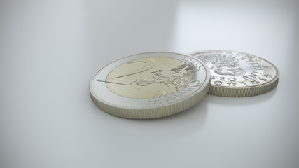 3 D render of two Euro coins on a white reflective surface. One coin is laying on a white surface while the other is leaning on other. One is showing head, the other tail. 
