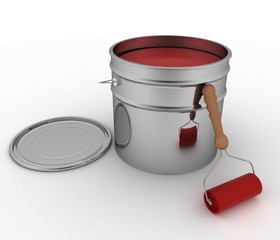 Open bucket with red paint and roller. 