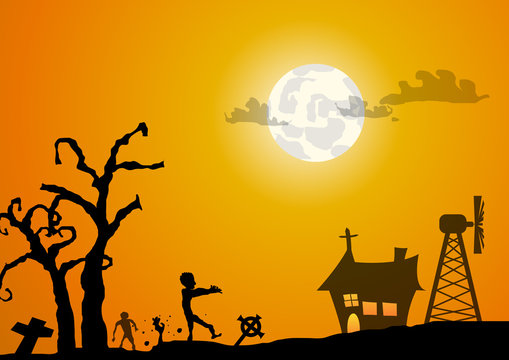 Vector : Zombies graveyard and house halloween background