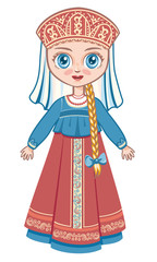 the girl in the Russian national suit. Historical clothes. Linear pattern on a white background.  Line drawing festive. Vector drawing