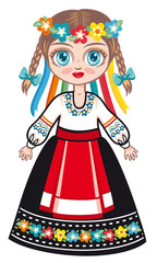 Doll in a national Ukrainian suit.  Historical clothes. Linear pattern on a white background.  Line drawing festive. Vector drawing