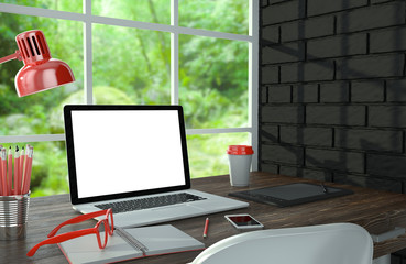 3D illustration laptopand work stuff on table near brick wall