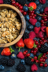 Muesli granola nad fresh ripe berries, breakfast concept