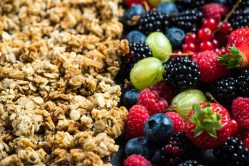 Crunchy granola nad fresh berries, diet concept