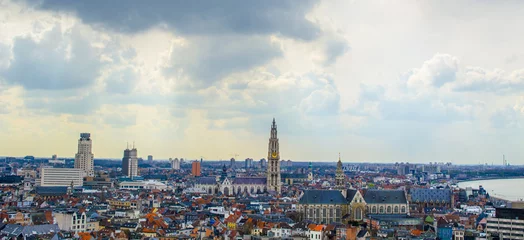 Fototapeten View over Antwerp with cathedral of our lady taken from the top of mas museum. © dudlajzov