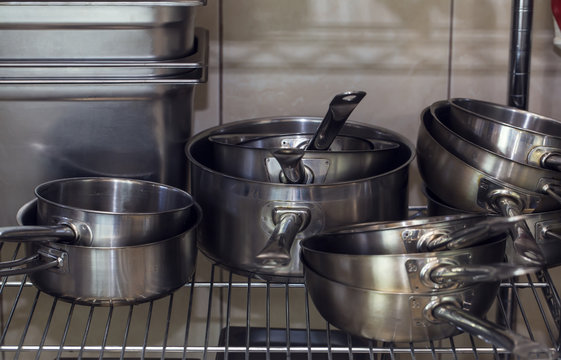 pots and pans, stainless steel kitchen shelf