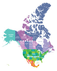 Obraz premium kolorowa mapa stanów Stanów Zjednoczonych, Kanady i Meksyku