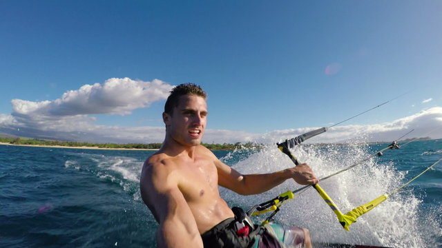 POV Young Man Kitesurfing in Ocean. Extreme Summer Sport HD. 
