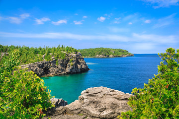 stunning, amazing gorgeous landscape view of great inviting Cyprus lake tranquil, turquoise water at beautiful Bruce Peninsula, Ontario 