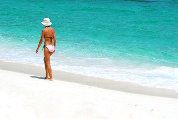 Fototapeta na wymiar Sexy skinny woman in bikini walk on the white sand beach 