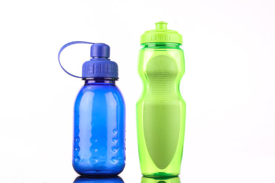 blue and green bottle isolated on white background