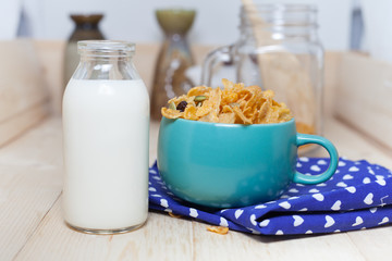Cornflakes Caramel with milk. Selective focus, shallow DOF 