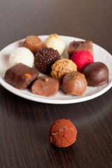Assorted chocolate candys with cocoa powder on a dessert plate.