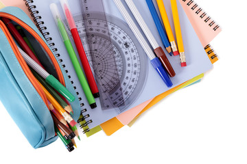 Student school supplies equipment pencil case books writing notebook pens pencils pile heap...