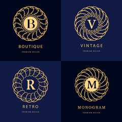 Monogram design elements, graceful template. Calligraphic elegant line art logo design. Letter emblem B, R, M, V for Royalty, business card, Boutique, Hotel, Heraldic, Jewelry. Vector illustration