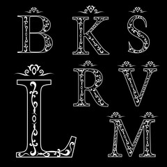 Monogram design elements, graceful template. Calligraphic elegant line art logo design. Luxury Letter emblem B, K, M, S, R, V, L for Royalty, business card, Boutique, Jewelry. Vector illustration