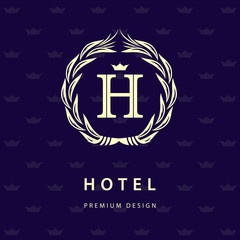 Monogram design elements, graceful template. Elegant line art logo design. Letter H. Retro Vintage Insignia or Logotype. Business sign, identity, label, badge, Cafe, Hotel. Vector illustration
