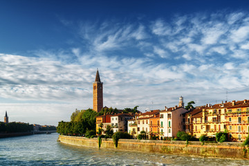 Beautiful view of waterfront of the Adige River, Verona, Italy