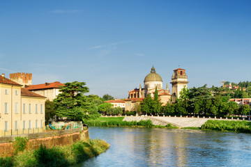 Fototapeta na wymiar View of Church of San Giorgio in Braida from Adige River. Verona