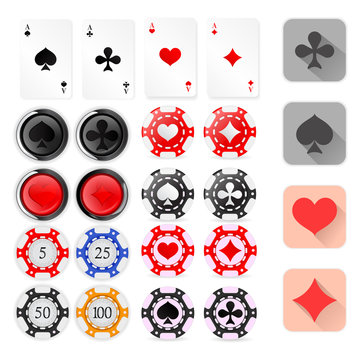 Four aces, Poker chips, Four cards suits - diamonds, clubs, spades, hearts. And Buttons with playing card suits. 
