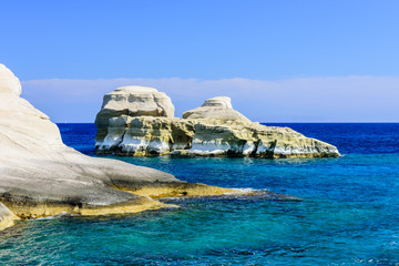 Scenic bizarre rock in the sea near the shore, Sarakiniko village, Cyclades, Milos island, Greece.
