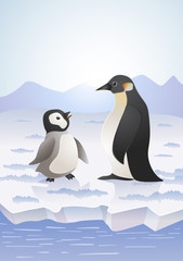 penguins on icy landscape. vector cartoon illustration