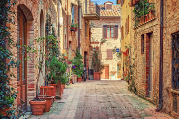 Alley in old town Tuscany Italy - obrazy, fototapety, plakaty