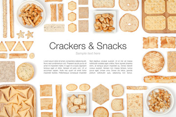 crackers and snacks on white background