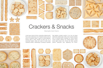 crackers and snacks on white background