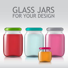 Glass bottles empty transparent set. Template of glass jars