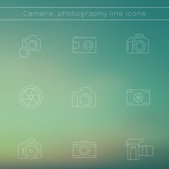 camera, photography, thin line icons on blur background, vector illustration, eps10, easy to edit