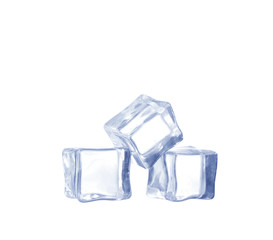 Three ice cubes on white background.