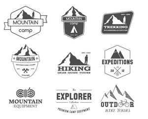 Set of monochrome outdoor adventure explorer camp badge, logo