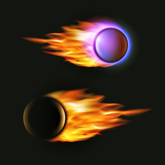 Vector fireball on black background. Flying projectile