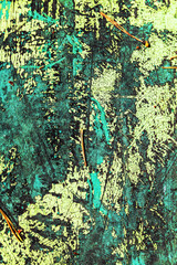 Texture green painted rusty metal with pine needles