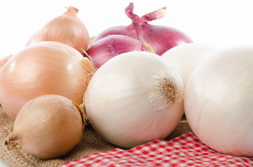 Different types of onions on burlap