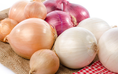 Different types of onions on burlap