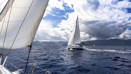 Naklejka premium Sailing on the race in a stormy Aegean Sea.