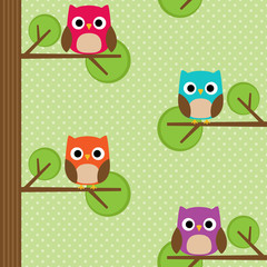 Seamless vector summer pattern with tree and owls
