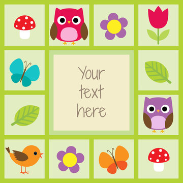 Vector card with cute owls, butterflies, leaves and flowers.