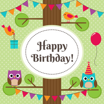 Vector birthday party card with cute birds sitting on branches