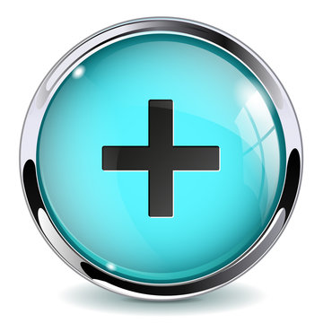 Glass button - Plus. Shiny round web media icon with metallic frame. 