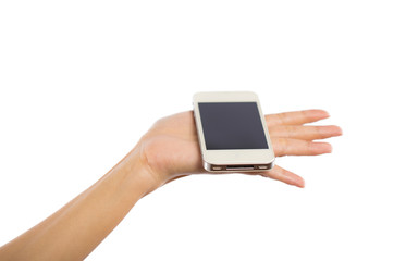 Human hand holding blank mobile smart phone isolated on white ba