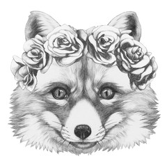 Original drawing of Fox with floral head wreath. Isolated on white background.