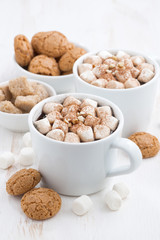 two cups of flavored cocoa with marshmallow on white table