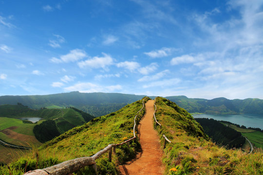Walking path leading to a view on the lakes of Sete Cidades 
