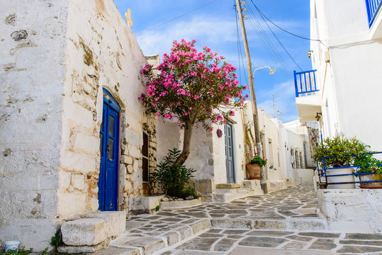 Street in the old town of Parikia, Paros island, Cyclades, Greece.