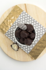 Chocolates with marzipan and nut. Hand made.