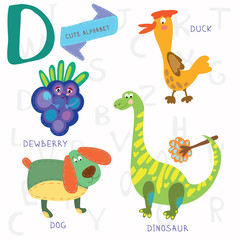 Very cute alphabet.D letter. Dewberry,duck,dog,d inosaur.